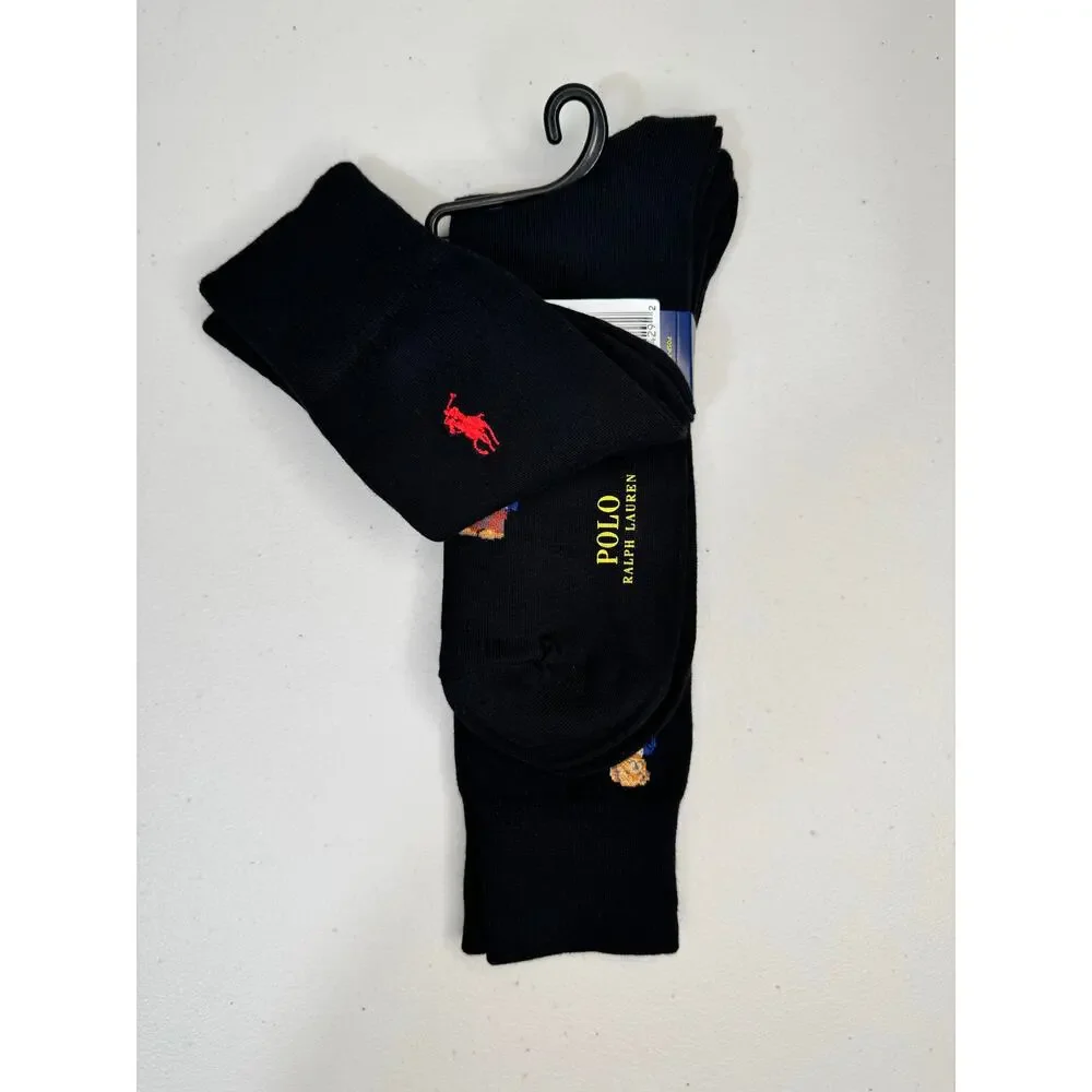 VTG Polo Ralph Lauren 2-Pack Black Cotton Blend Dress Socks RL Bear Logo 10-13